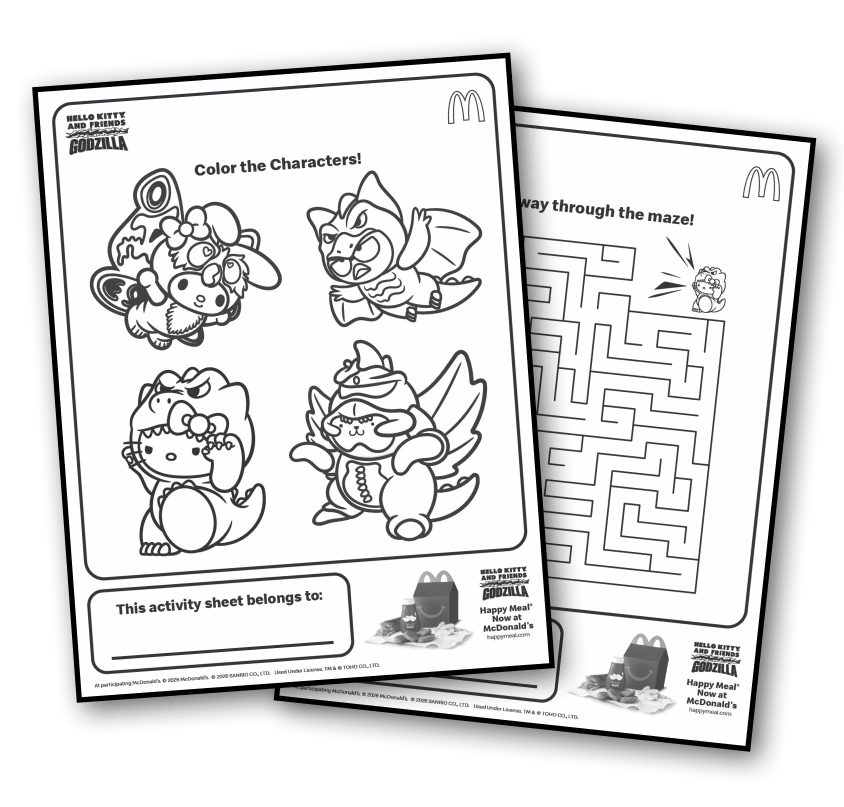 A color the characters coloring sheet featuring My Melody x Mothra, Badtz-Maru x Rodan, Hello Kitty x Godzilla and Pompompurin x Gigan, plus a maze activity sheet