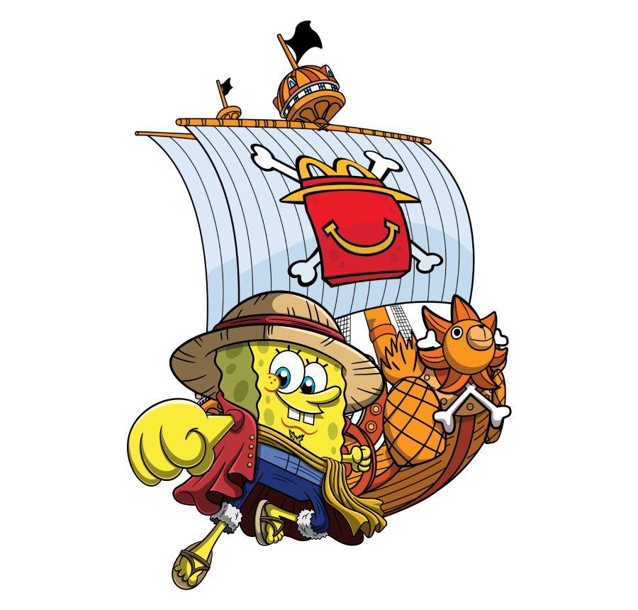 SpongeBob SquarePants wearing Luffy’s straw hat standing on a beach next to a treasure chest and ship with a Happy Meal box pirates’ flag.