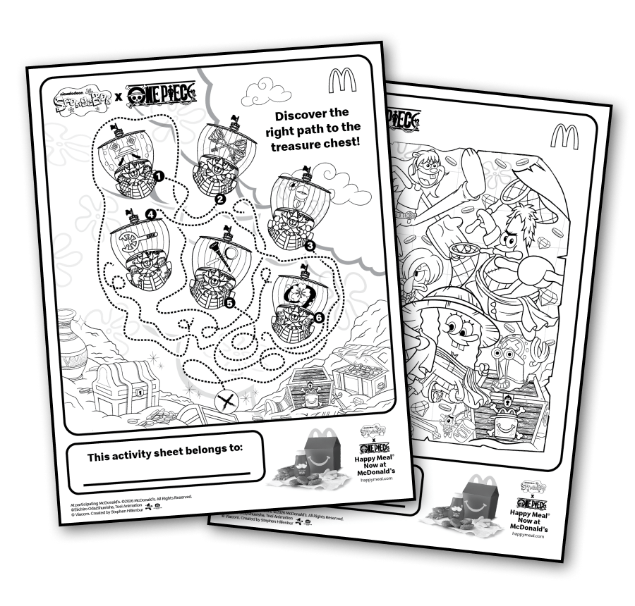 A ‘Discover the right path to the treasure chest!’ Nickelodeon SpongeBob SquarePants x One Piece activity sheet and a coloring sheet.