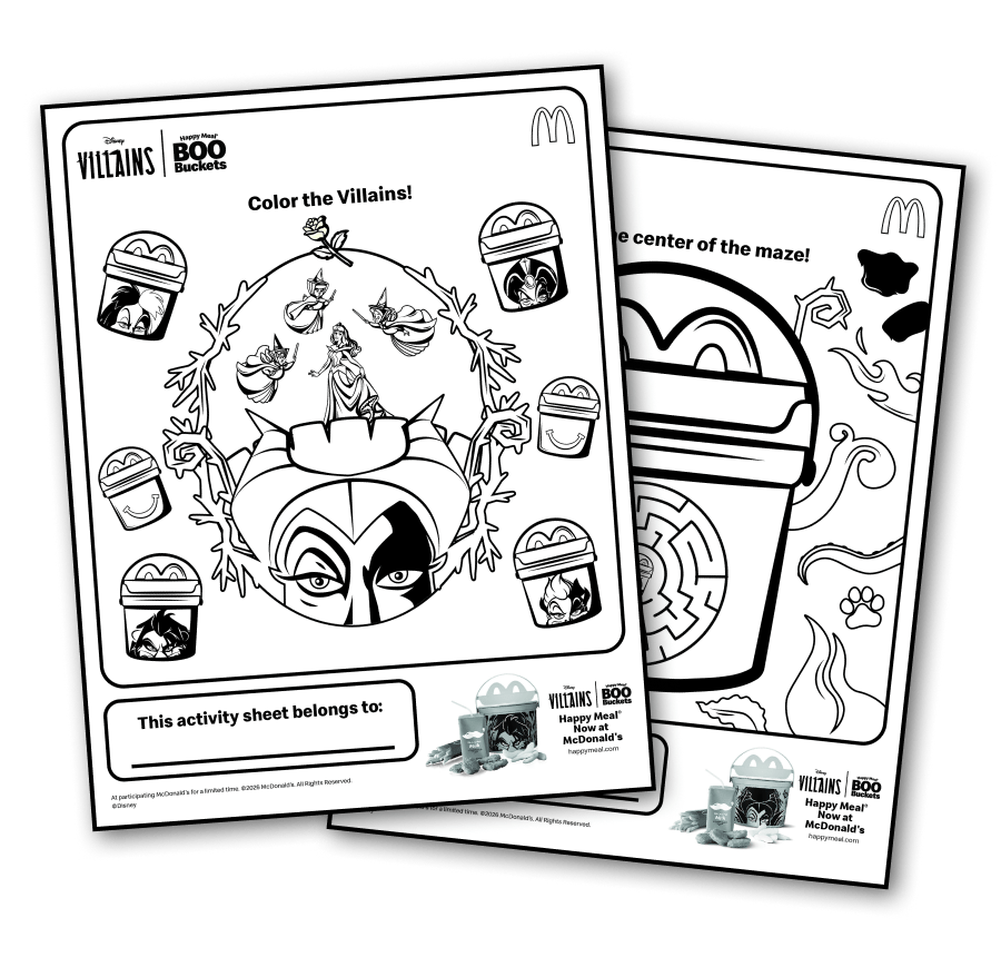 A Color the Villains Disney Villain and Happy Meal BOO Buckets coloring and activity sheet.
