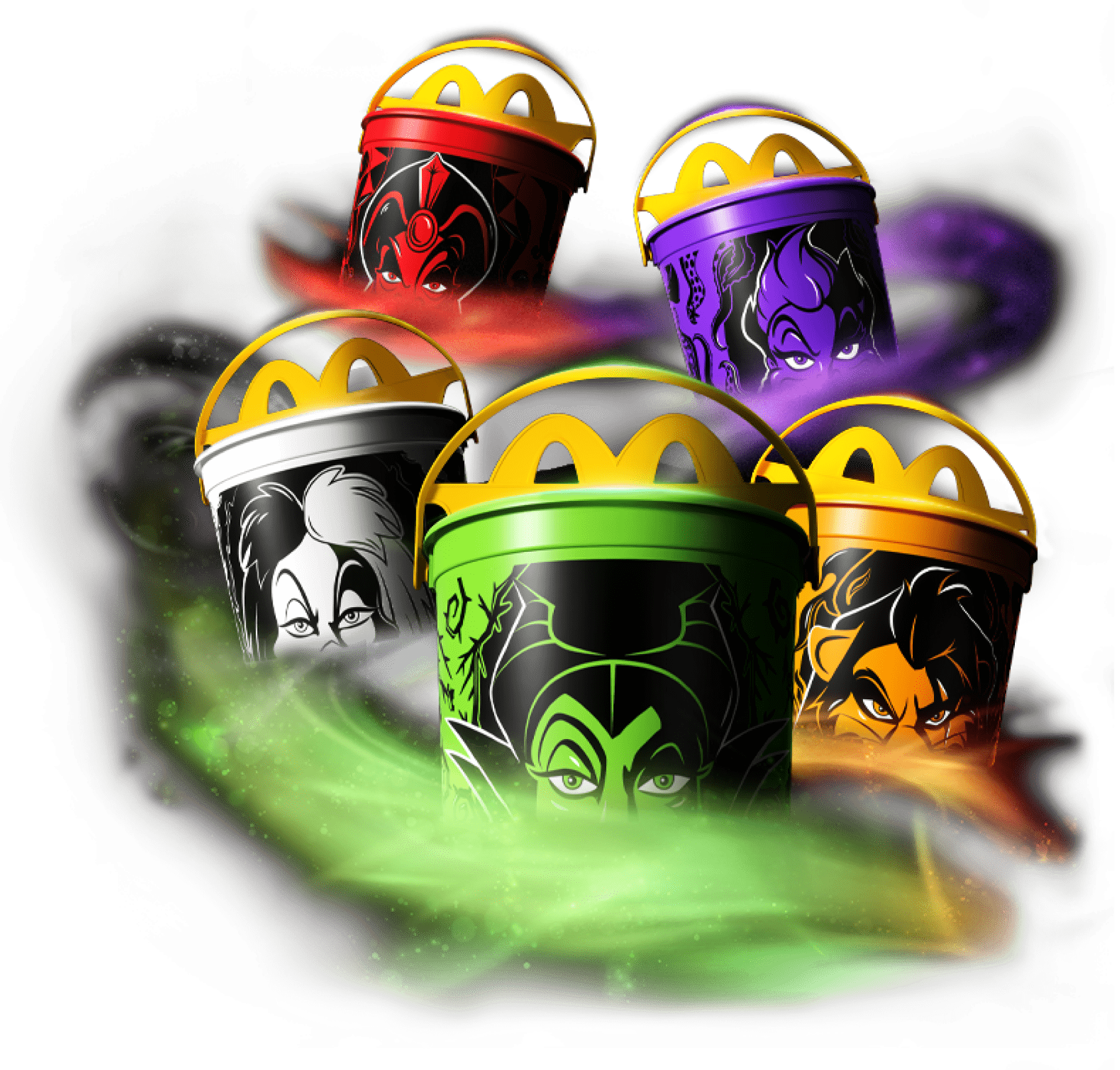Five BOO Buckets, red, purple, white, green and orange. Each have a Disney villains face on the front surrounded in colorful smoke.