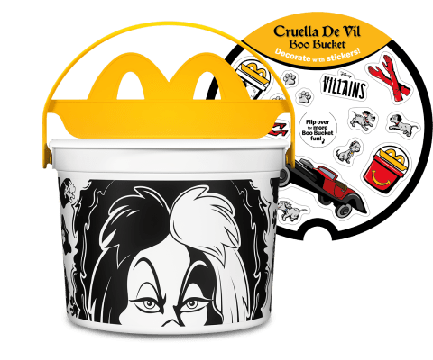 White BOO Bucket with Cruella de Vil’s face and stickers